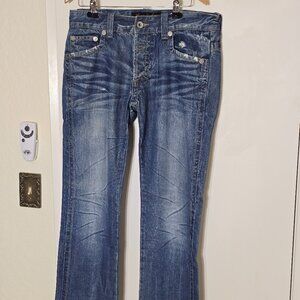 Rivet De Cru Los Angeles men's distressed denim designer blue jeans 33 button